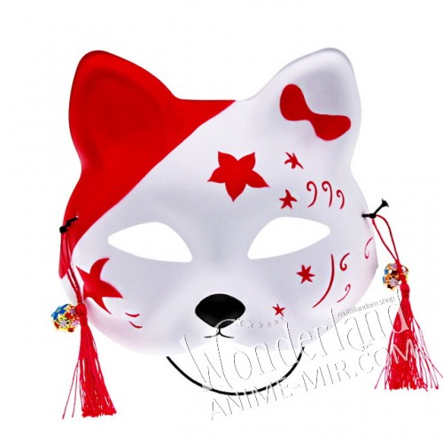 Японская карнавальная маска лисы кицунэ - средняя с бантиком и звездочкой / Japanese Kitsune Fox carnival mask